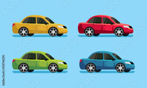 Collection of color cars. Side view. Cartoon vector illustration.