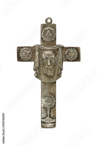 Old silver cross with a Christogram  by Ludovic Penin, 19th century, against white background