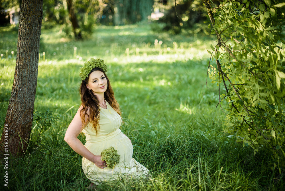 Pregnant woman in the park in the summer park. A girl prepares to become a mother. Pregnant woman in the fresh air. Pregnant woman in the park in the summer park. A girl prepares to become a mother. Pregnant woman in the fresh air.
