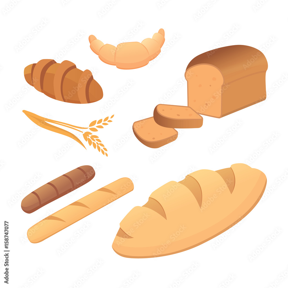 different breads and bakery products vector illustrations. Buns for breakfast. set bake food and toast isolated. different breads and bakery products vector illustrations. Buns for breakfast. set bake food and toast isolated.