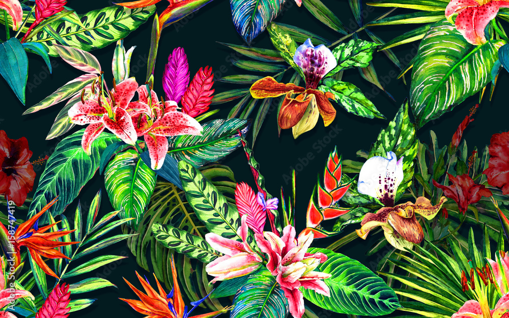 Plakat Bezproblemowa tropikalny kwiatowy wzór. Ręcznie malowane akwarela egzotyczne liście i kwiaty, na ciemnozielonym tle. Projektowanie tkanin.