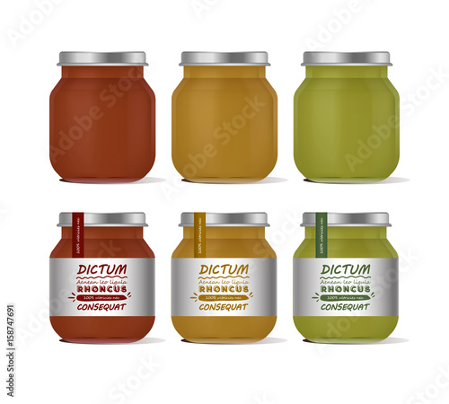 Three jars of baby food on white background