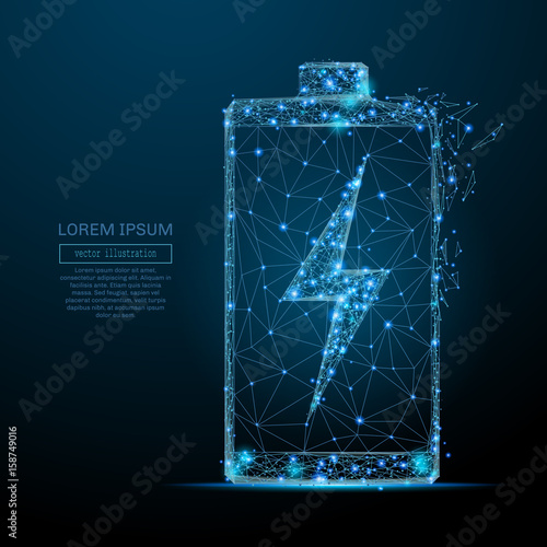 Polygonal battery. Vector mesh spheres from flying debris. Thin line concept. Blue structure style illustration