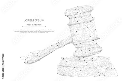 Abstract mash line and point Hammer of a judge on white background with an inscription. Justice starry sky or space, consisting of stars and the universe. Vector business illustration