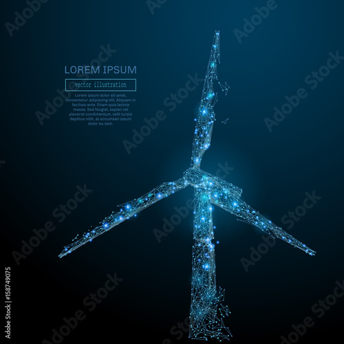 Polygonal windmill. Vector mesh spheres from flying debris. Thin line concept. Blue structure style illustration