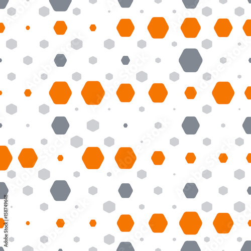 Abstract geometric white background with orange and gray hexagons of different size.