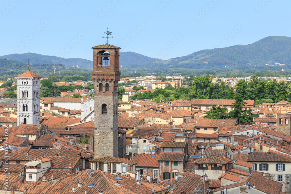 Panoramic view from Guinigi tower (Torre Guinigi) towards Torre delle Ore (Clock Tower) in Lucca