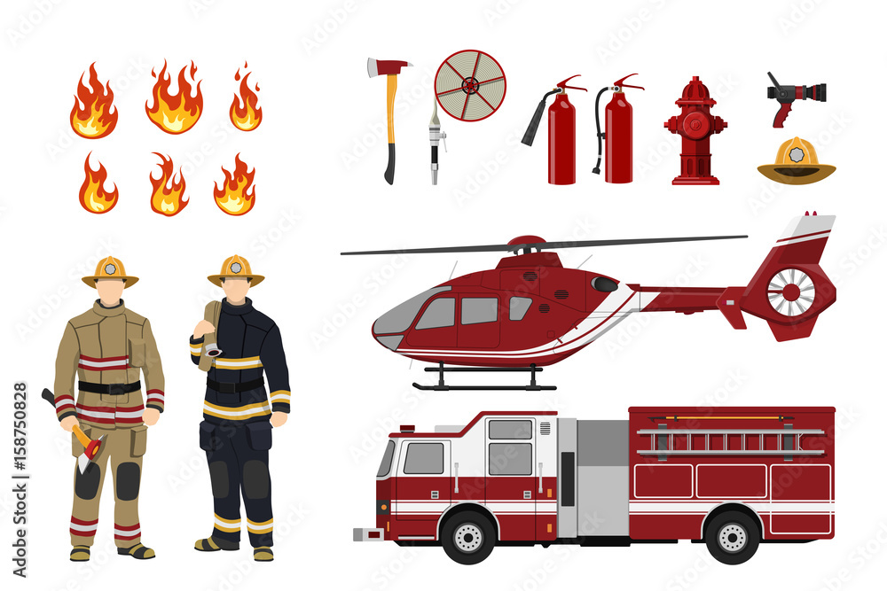 Fototapeta premium Firefighters and fire fighting equipment on a white background. Helicopter and fireman's car. Icons of flame and items