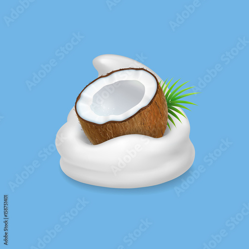 Coconut and yogurt. Fruit and wipped cream icon. Vector realistic illustration