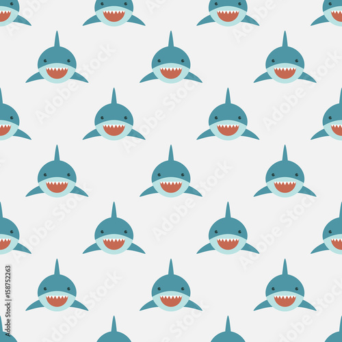 Shark seamless pattern. Cute shark front face in flat design. Background pattern for Diving and Snorkeling equipment shop, diving School or scuba club.