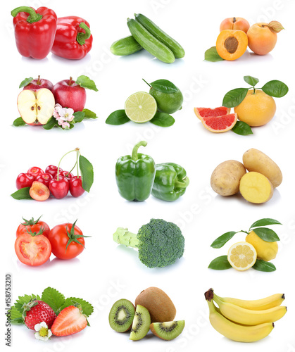 Obst und Gemüse Früchte Apfel Tomaten Erdbeeren Farben frische Collage Freisteller freigestellt isoliert