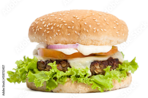 Lentil Burger Preparation : Lentils cheeseburger on white background