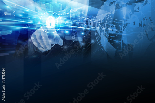 Double exposure of business woman hand touching global technology security design
