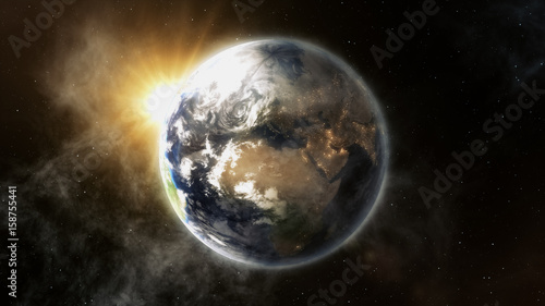 Fototapeta Naklejka Na Ścianę i Meble -  Our earth in cosmos and bright sun. 3d rendering