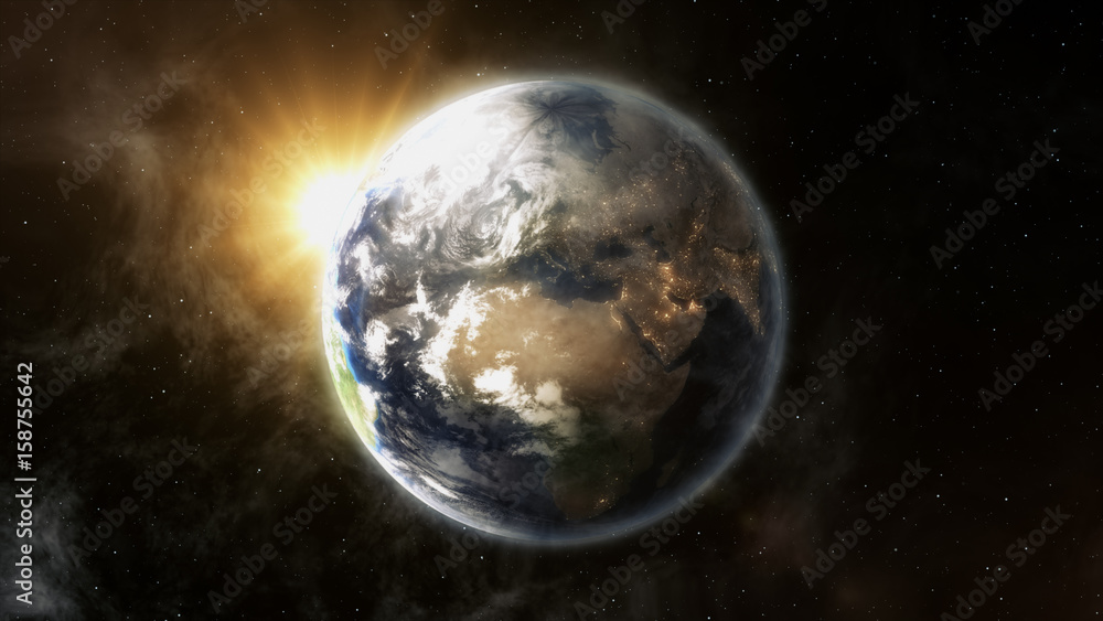 Our earth in cosmos and bright sun. 3d rendering