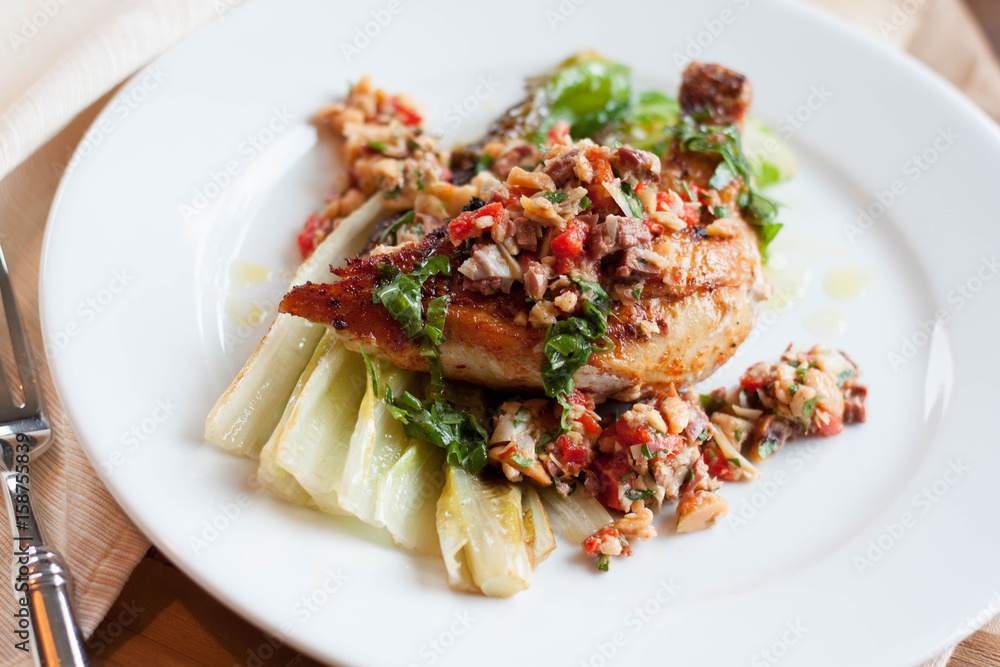 Harissa-Rubbed Chicken with Seared Romaine and Artichoke Tapenade Harissa-Rubbed Chicken with Seared Romaine and Artichoke Tapenade