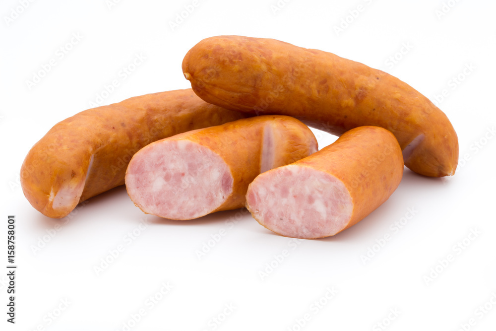 Sausage and spices isolated on white background, fresh delicious frankfurter. Sausage and spices isolated on white background, fresh delicious frankfurter.