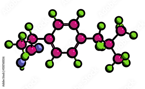 Molecular structure of Ibuprofen, 3D rendering