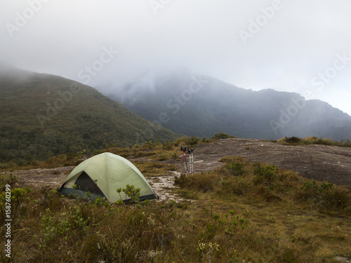 camping tent on a cloudy and rainy day