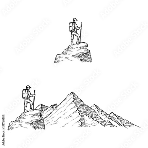 Set of hand drawn vector illustrations the mountains with a tourist in engraving style