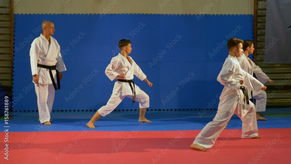 Teenagers martial arts practitioners performing kata at the dojo with sensei karate teacher Teenagers martial arts practitioners performing kata at the dojo with sensei karate teacher
