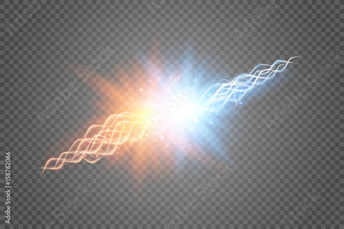Collision of two forces with gold and blue light. Vector illustration. Energy lightning.