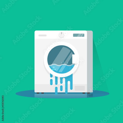 Washing machine broken vector illustration, flat cartoon damaged washer with flowing water on floor isolated on color background
