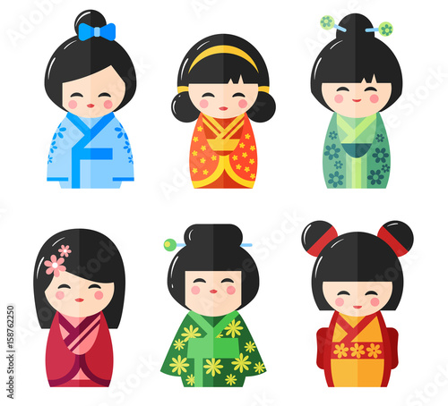 Japanese Kokeshi Dolls, vector icons