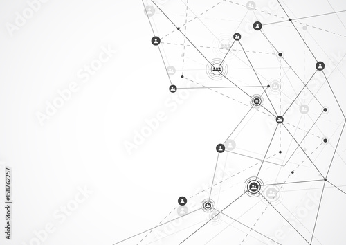 Connection technologies for business. Abstract polygonal background with connecting dots and lines. Mixed media. Vector illustration