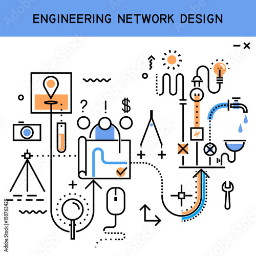 Vector flat line abstract process illustration of engineering network design, installation of communications: water supply, sewerage, electricity, heating. Concept for website header banner layout.