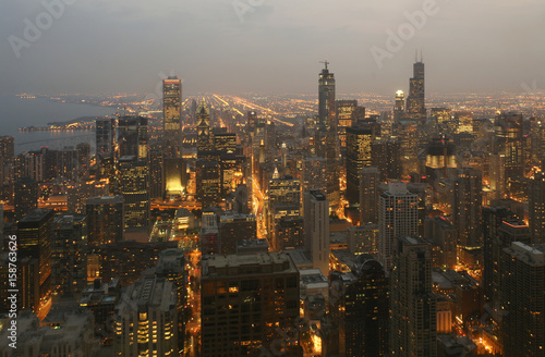 Chicago aerial downtown skyline sunset