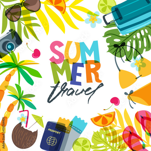 Vector banner, poster or flyer design template with palm leaves, luggage, swi...