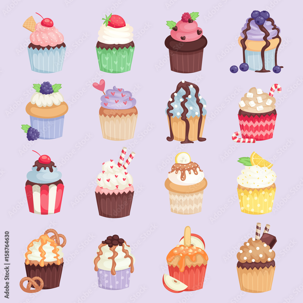 Set of cute vector cupcakes and muffins isolated illustration