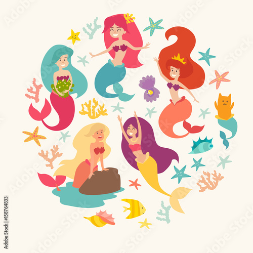 Mermaid girls vector illustration. Cute cartoon card with little mermaid, circle composition. Under the sea poster. Pearl in the shell and starfish isolated on white,cartoon style