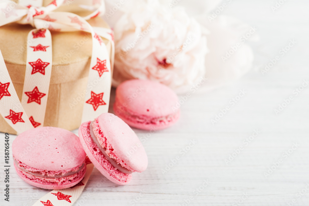 Pink macaroons and kraft gift box Pink macaroons and kraft gift box