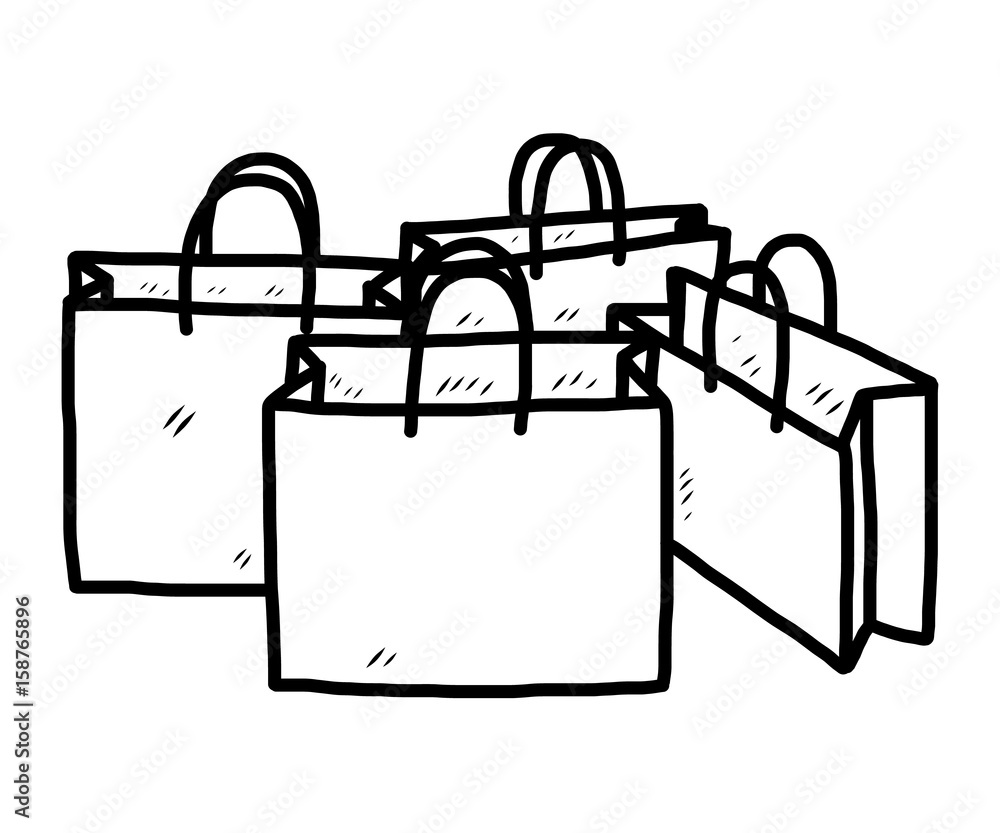 four shopping bags / cartoon vector and illustration, black and white, hand  drawn, sketch style, isolated on white background. Stock Vector | Adobe  Stock