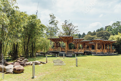 Bamboo playhouse built on a lake island in Kuala Lumpur's botanical gardens, Malaysia. photo