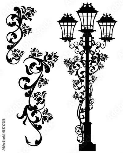antique street light among rose flowers - black vector silhouette design