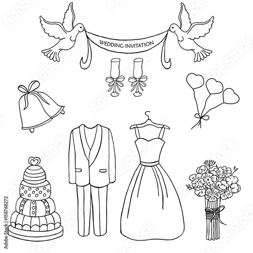 Wedding theme vector pattern. Cute and detailed vector set. Wedding dress, bouquet, cake, champagne and other elements for save the date cards and wedding invitations.