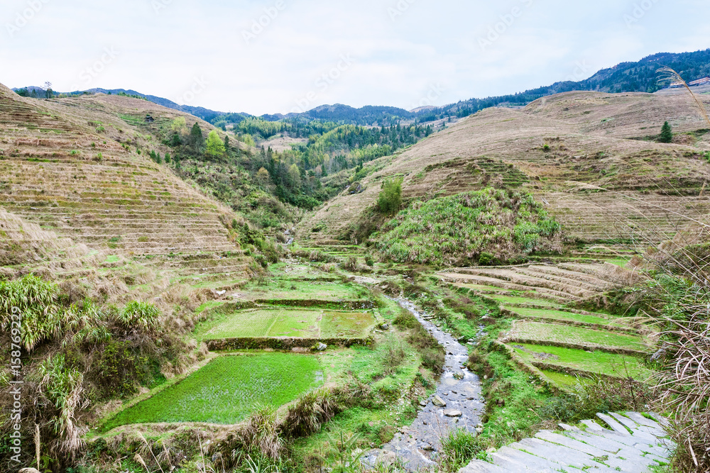 view of terraced fields and creek in Dazhai