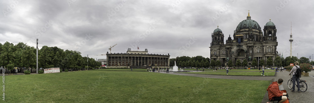Panoramic view of the Berlin Cathedral and the Altes Museum from the Lustgarten park, Germany