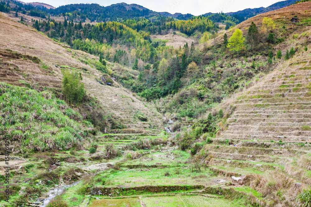 view of terraced hills and creek in Dazhai village