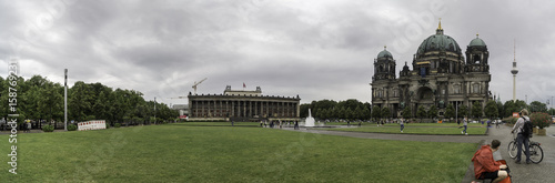 Panoramic view of the Berlin Cathedral and the Altes Museum from the Lustgarten park, Germany