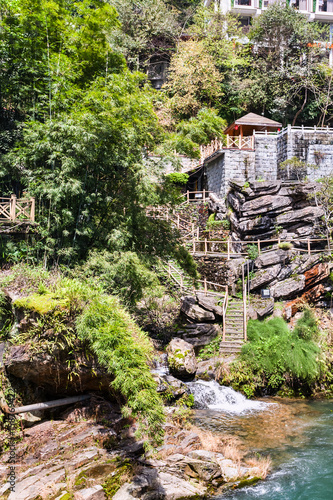 waterfront of mountain river in Jiangdi village