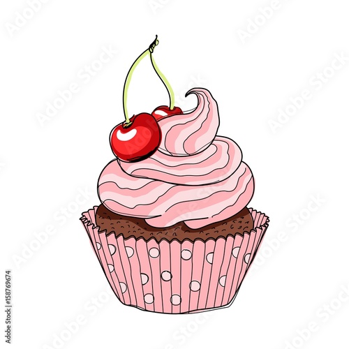 Creamy cup cake with cherry. Hand drawing sketch vector illustration.