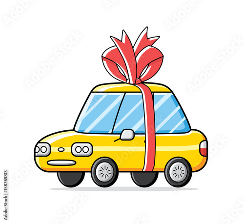 Yellow car gift with a red bow and ribbon isolated.