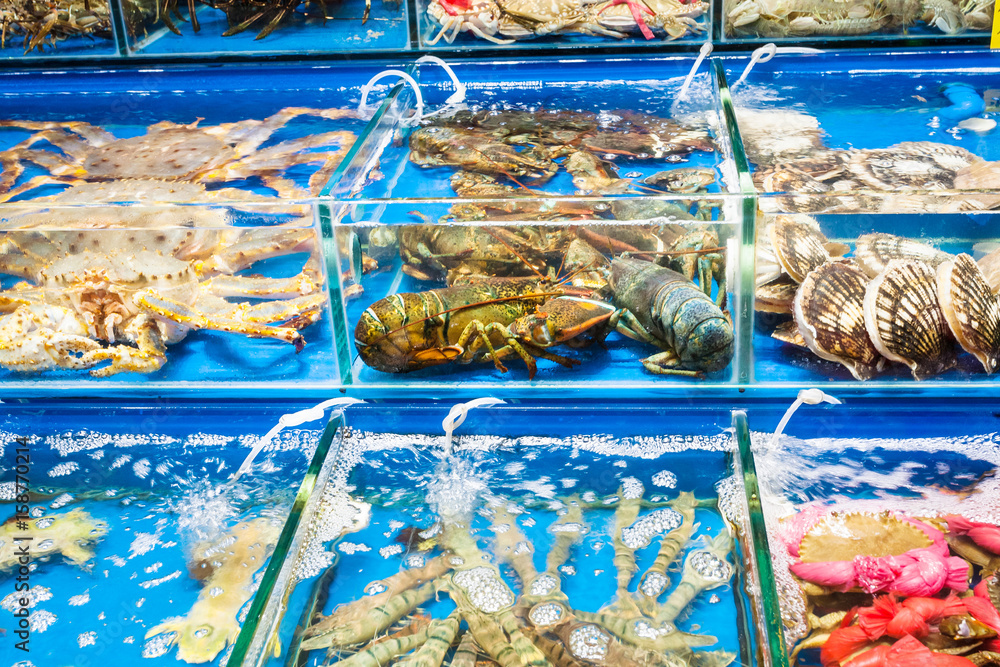 crabs, scallops in fish market in Guangzhou city crabs, scallops in fish market in Guangzhou city