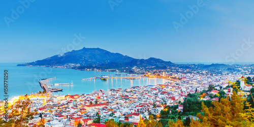 Canvas Print Zante - Zakinthos islnad, capital city, view from above, twilight scenery, panoramic aspect ratio photography