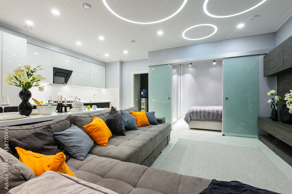 Modern white living studio with bedroom doors open - obrazy, fototapety, plakaty 