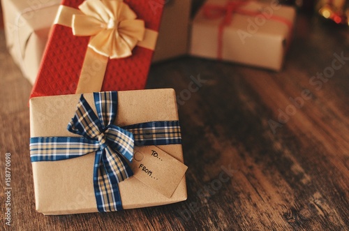 Gift box on wooden texture,copy space 